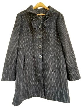 Anthropologie IDRA Black Polka Dot Wool Ruffle Coat Jacket Size Large